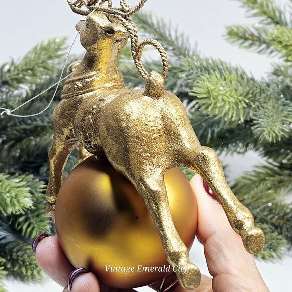 Vintage Golden Ready Reindeer On Glass Ball Christmas Tree Ornament W Bell 3d - Picture 8 of 14